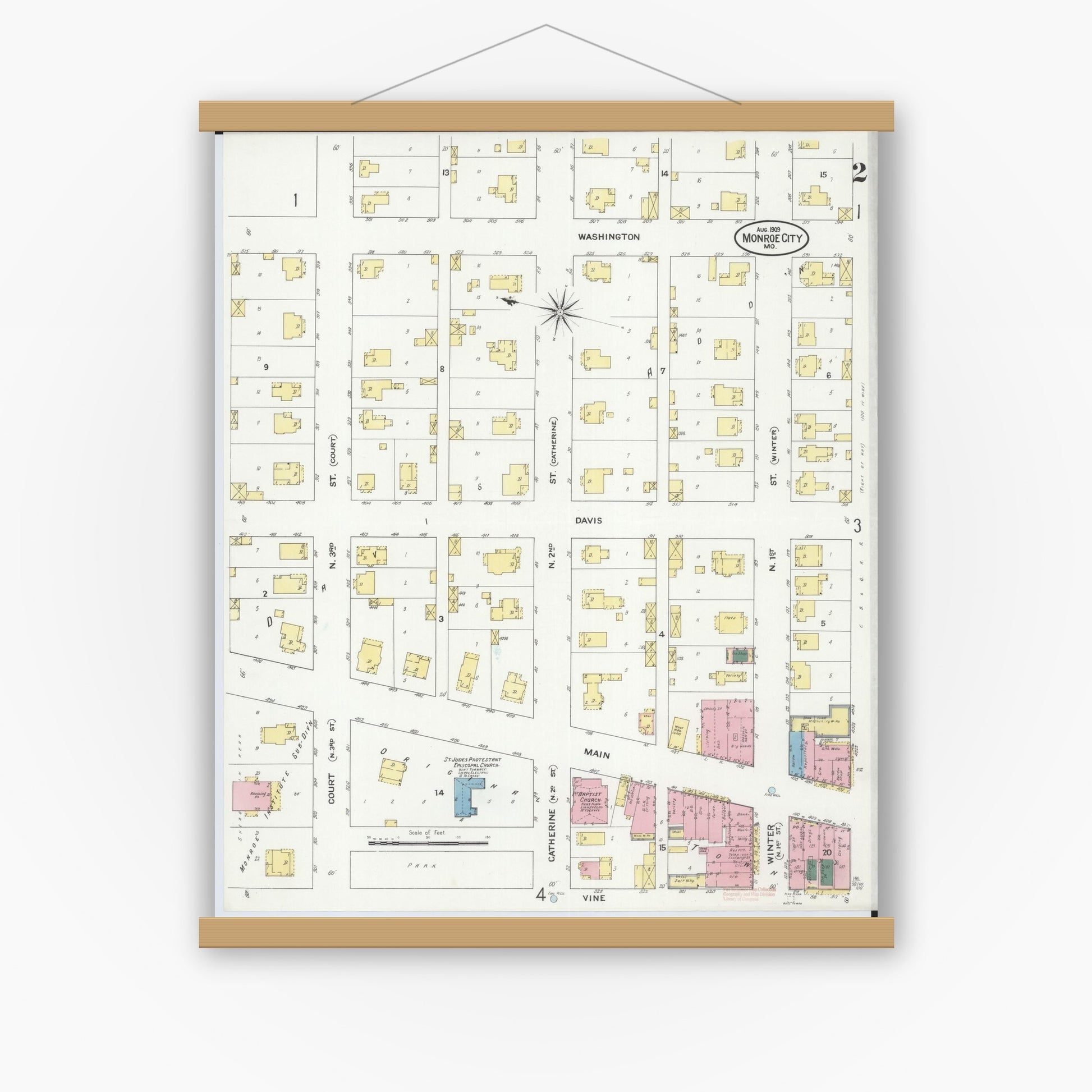 Old map wall art mockup — magnetic wood frame on white wall — Sanborn Fire Insurance Map from Monroe City, Monroe County, Missouri (1909), Sheet #0002