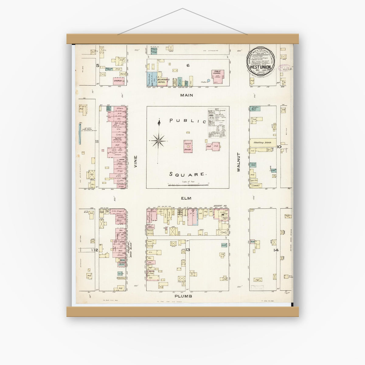 Old map wall art mockup — magnetic wood frame on white wall — Sanborn Fire Insurance Map from West Union, Fayette County, Iowa (1885), Sheet #0001