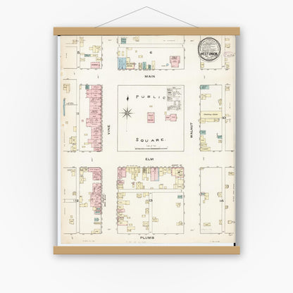 Old map wall art mockup — magnetic wood frame on white wall — Sanborn Fire Insurance Map from West Union, Fayette County, Iowa (1885), Sheet #0001