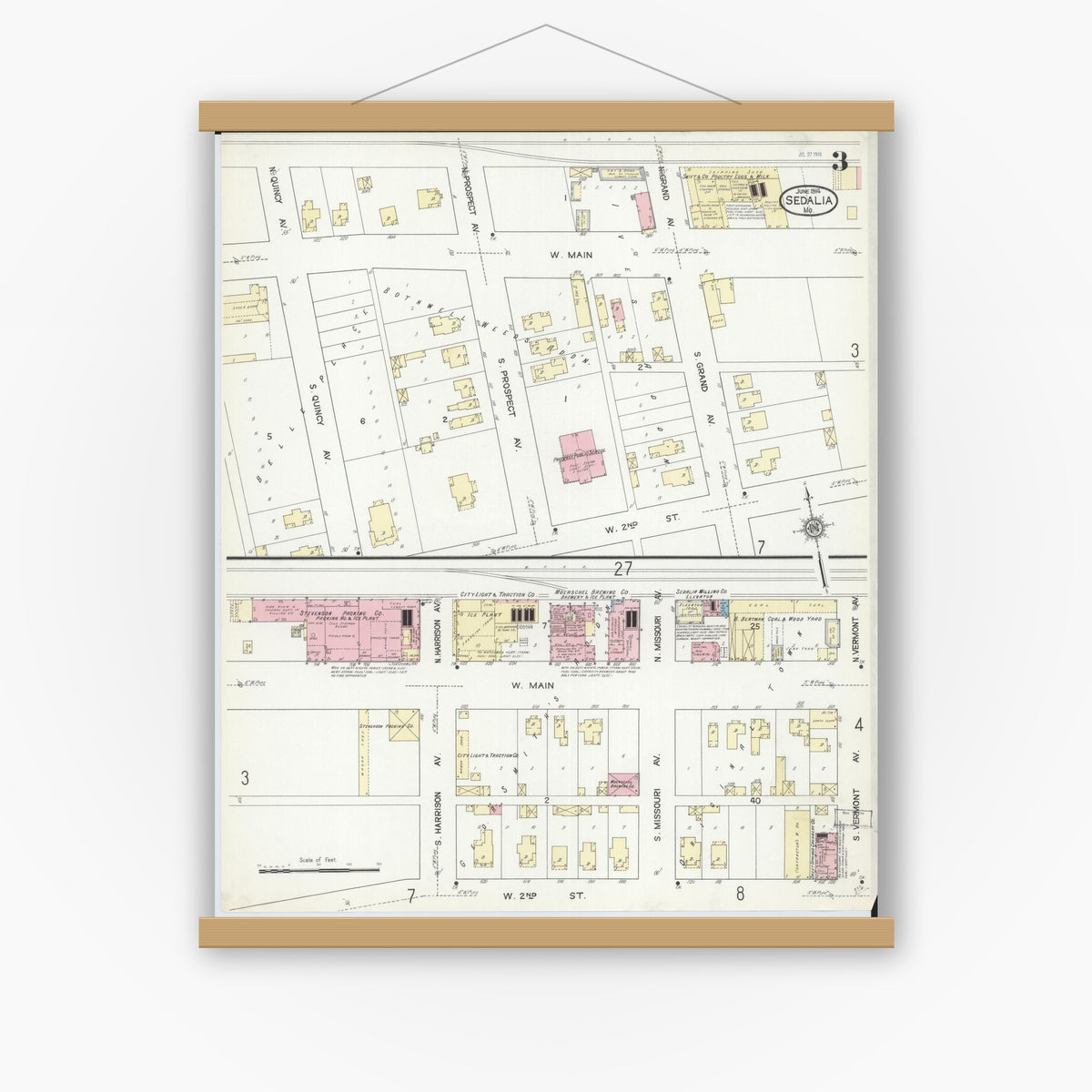 Old map wall art mockup — magnetic wood frame on white wall — Sanborn Fire Insurance Map from Sedalia, Pettis County, Missouri (1914), Sheet #0003