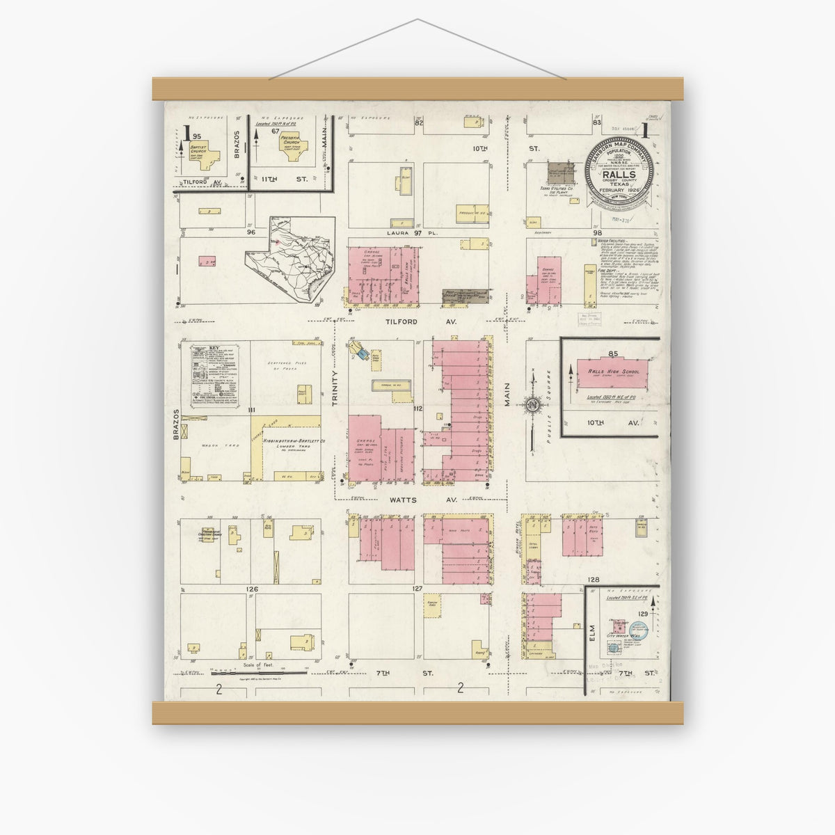 Old map wall art mockup — magnetic wood frame on white wall — Sanborn Fire Insurance Map from Ralls, Crosby County, Texas (1926), Sheet #0001