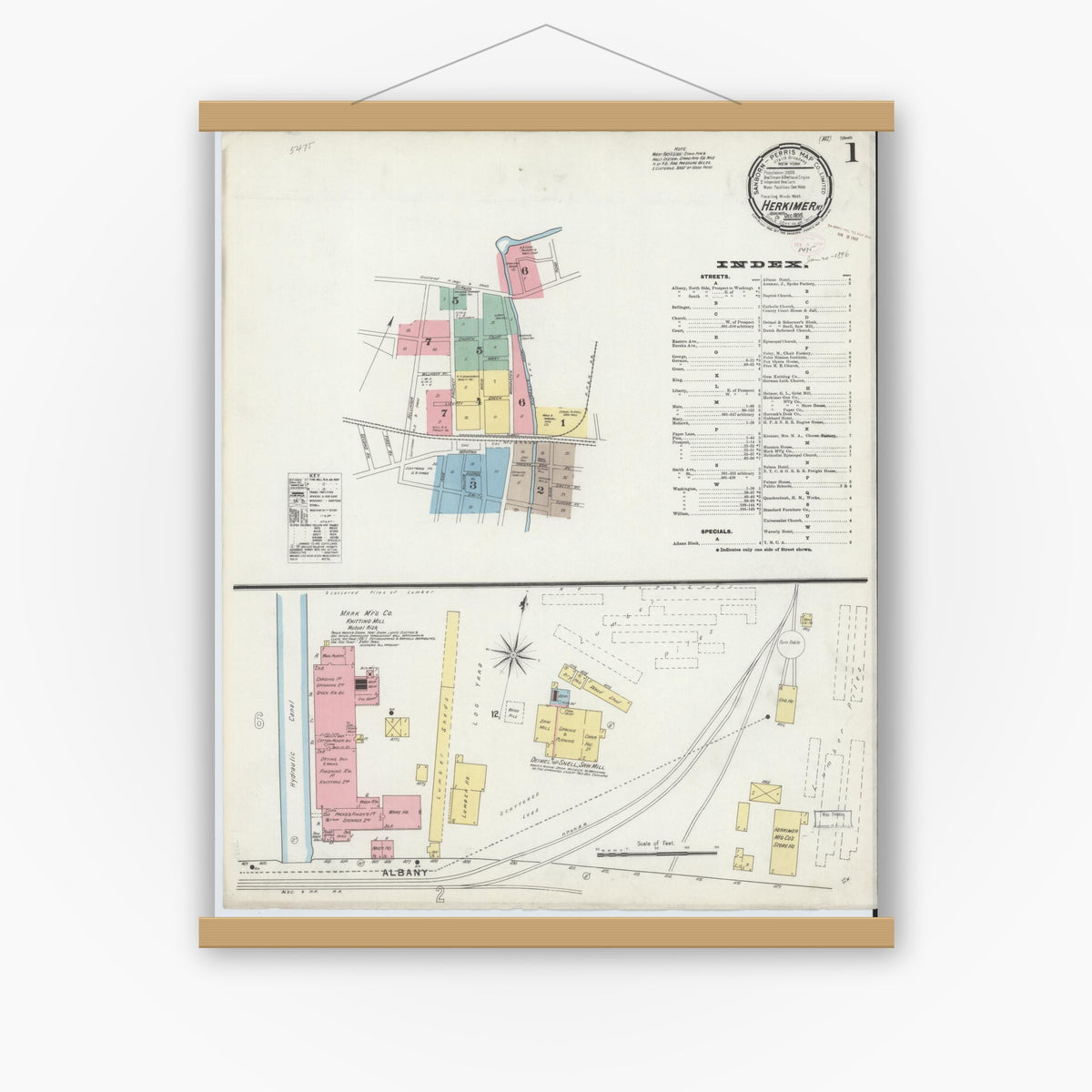 Old map wall art mockup — magnetic wood frame on white wall — Sanborn Fire Insurance Map from Herkimer, Herkimer County, New York (1895), Sheet #0001