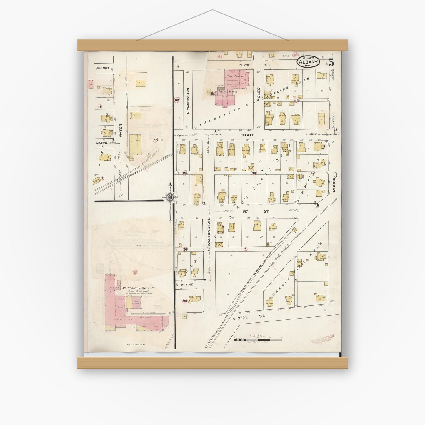 Old map wall art mockup — magnetic wood frame on white wall — Sanborn Fire Insurance Map from Albany, Delaware County, Indiana (1943), Sheet #0005