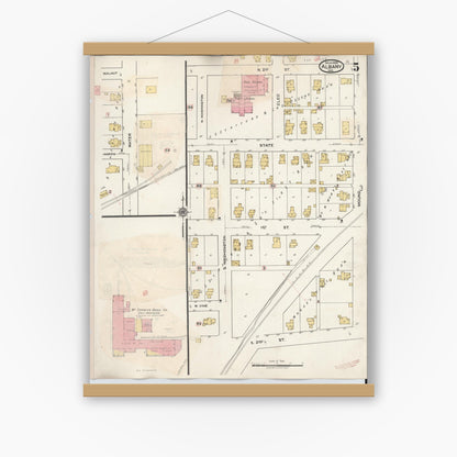 Old map wall art mockup — magnetic wood frame on white wall — Sanborn Fire Insurance Map from Albany, Delaware County, Indiana (1943), Sheet #0005