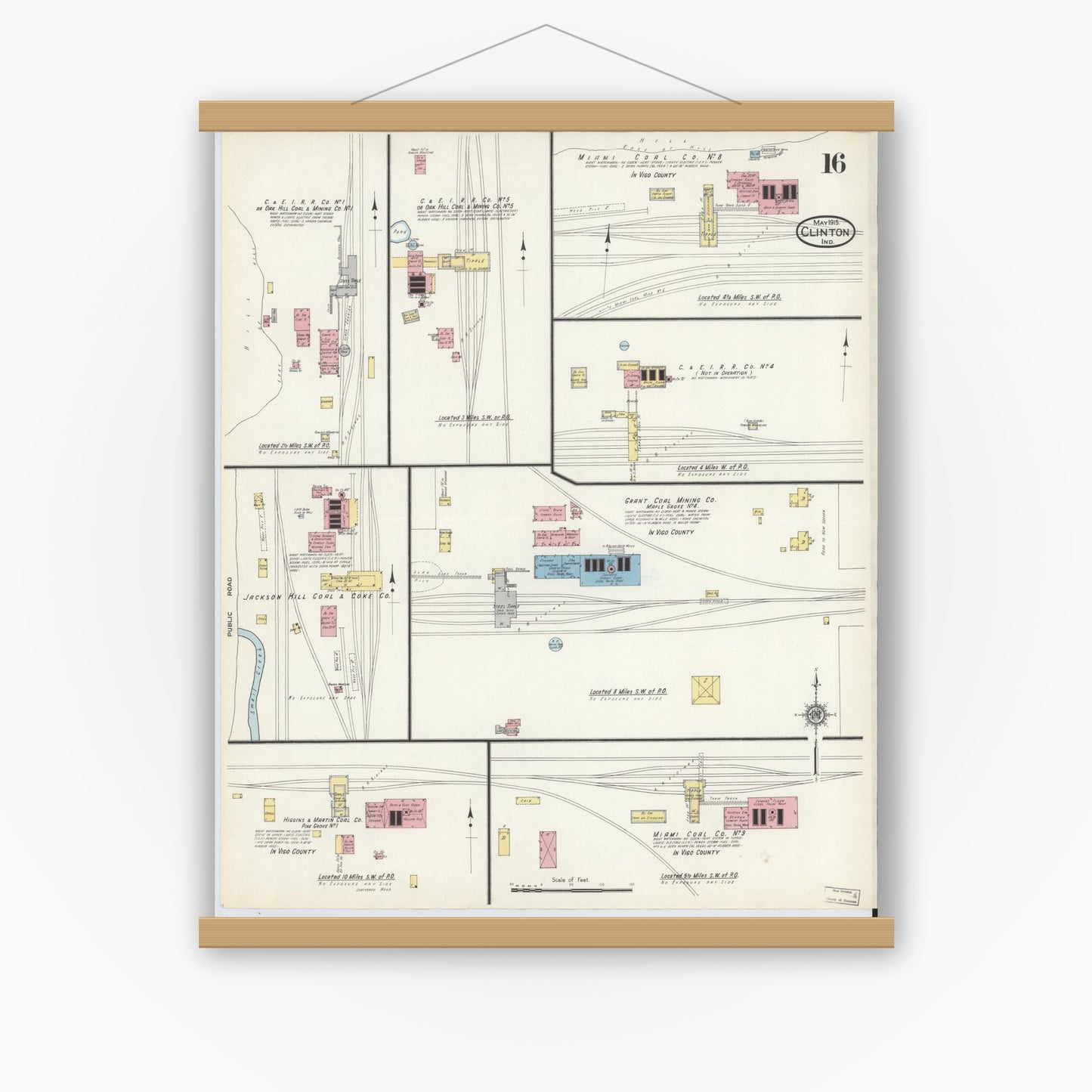 Old map wall art mockup — magnetic wood frame on white wall — Sanborn Fire Insurance Map from Clinton, Vermillion County, Indiana (1915), Sheet #0016