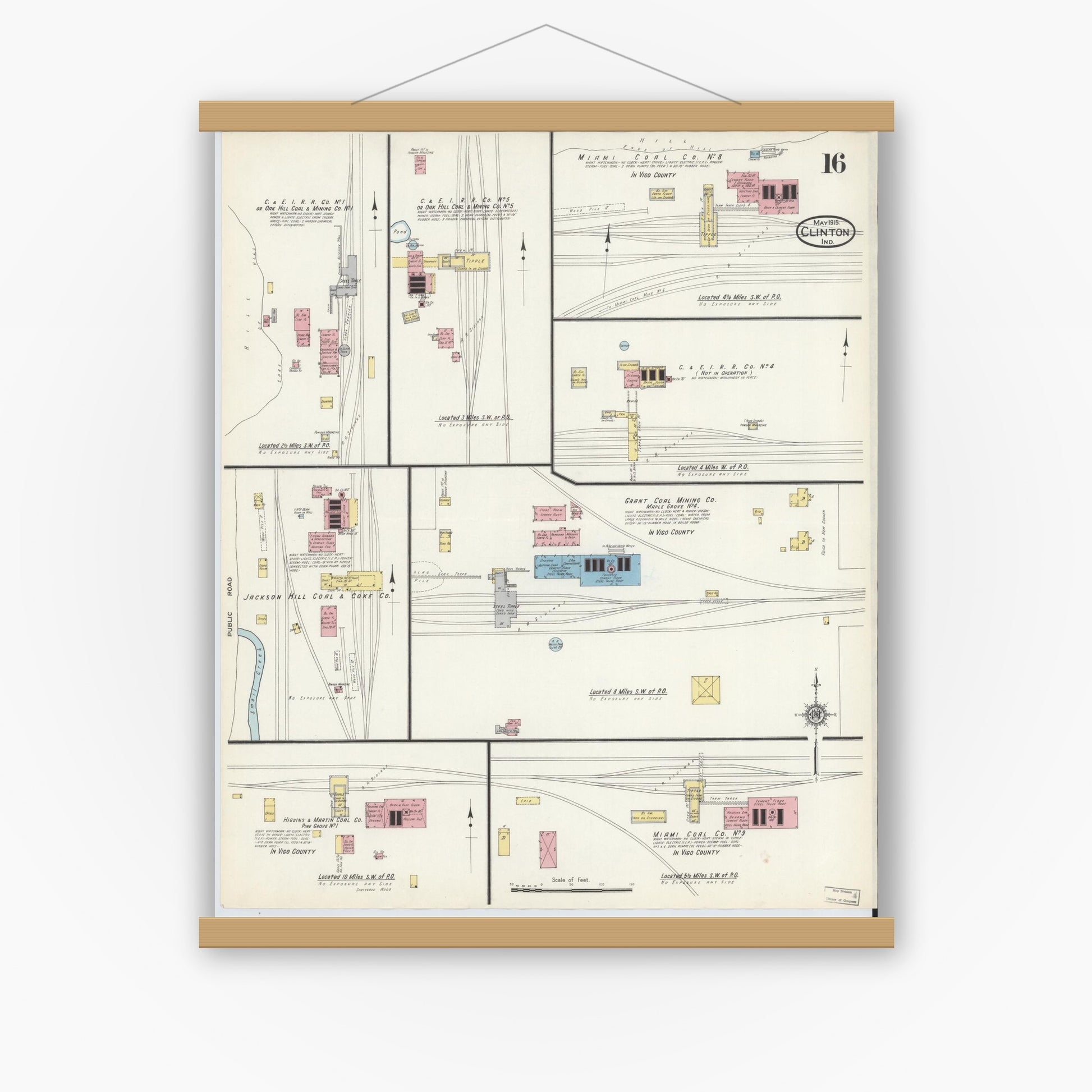 Old map wall art mockup — magnetic wood frame on white wall — Sanborn Fire Insurance Map from Clinton, Vermillion County, Indiana (1915), Sheet #0016