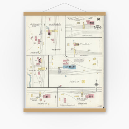 Old map wall art mockup — magnetic wood frame on white wall — Sanborn Fire Insurance Map from Clinton, Vermillion County, Indiana (1915), Sheet #0016
