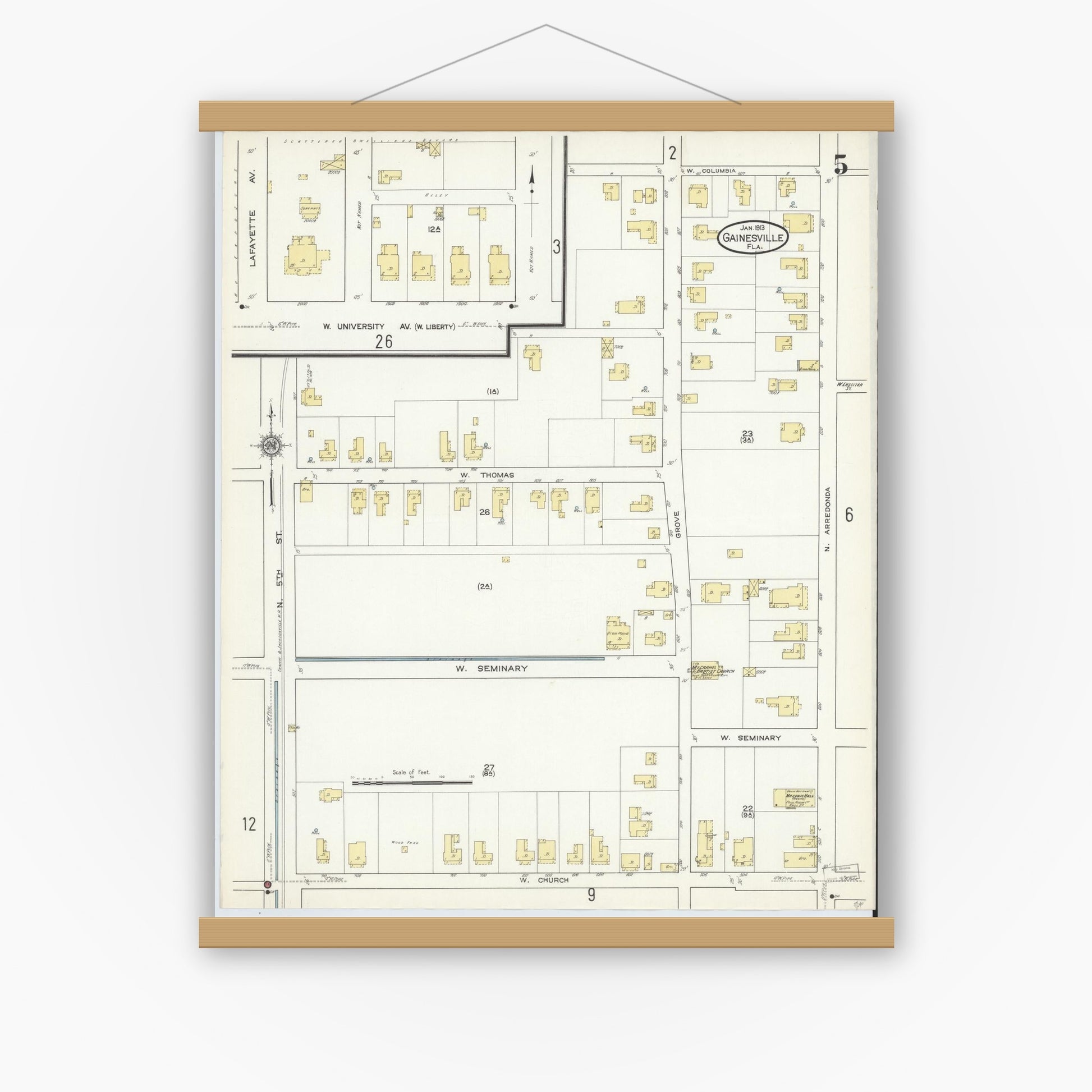 Old map wall art mockup — magnetic wood frame on white wall — Sanborn Fire Insurance Map from Gainesville, Alachua County, Florida (1913), Sheet #0005