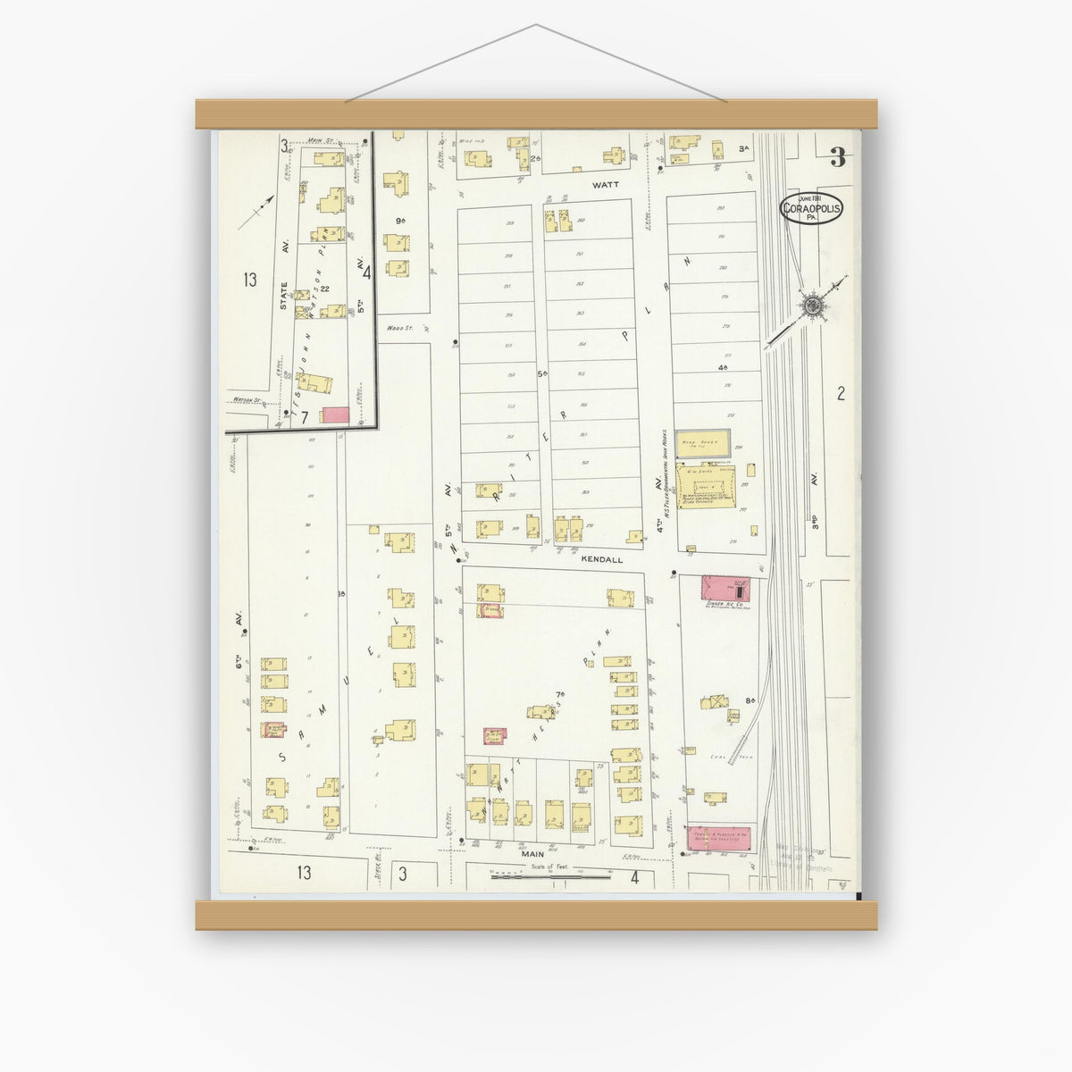 Old map wall art mockup — magnetic wood frame on white wall — Sanborn Fire Insurance Map from Coraopolis, Allegheny County, Pennsylvania (1911), Sheet #0003