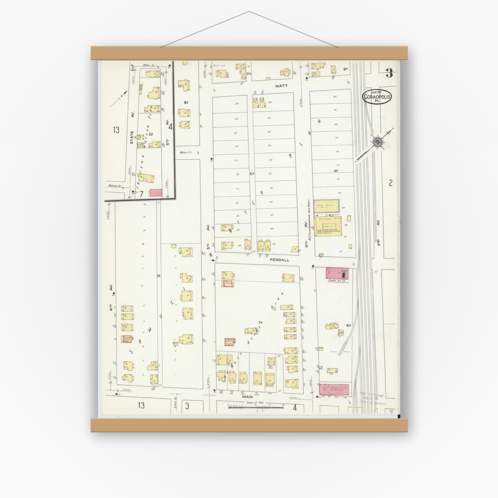 Old map wall art mockup — magnetic wood frame on white wall — Sanborn Fire Insurance Map from Coraopolis, Allegheny County, Pennsylvania (1911), Sheet #0003