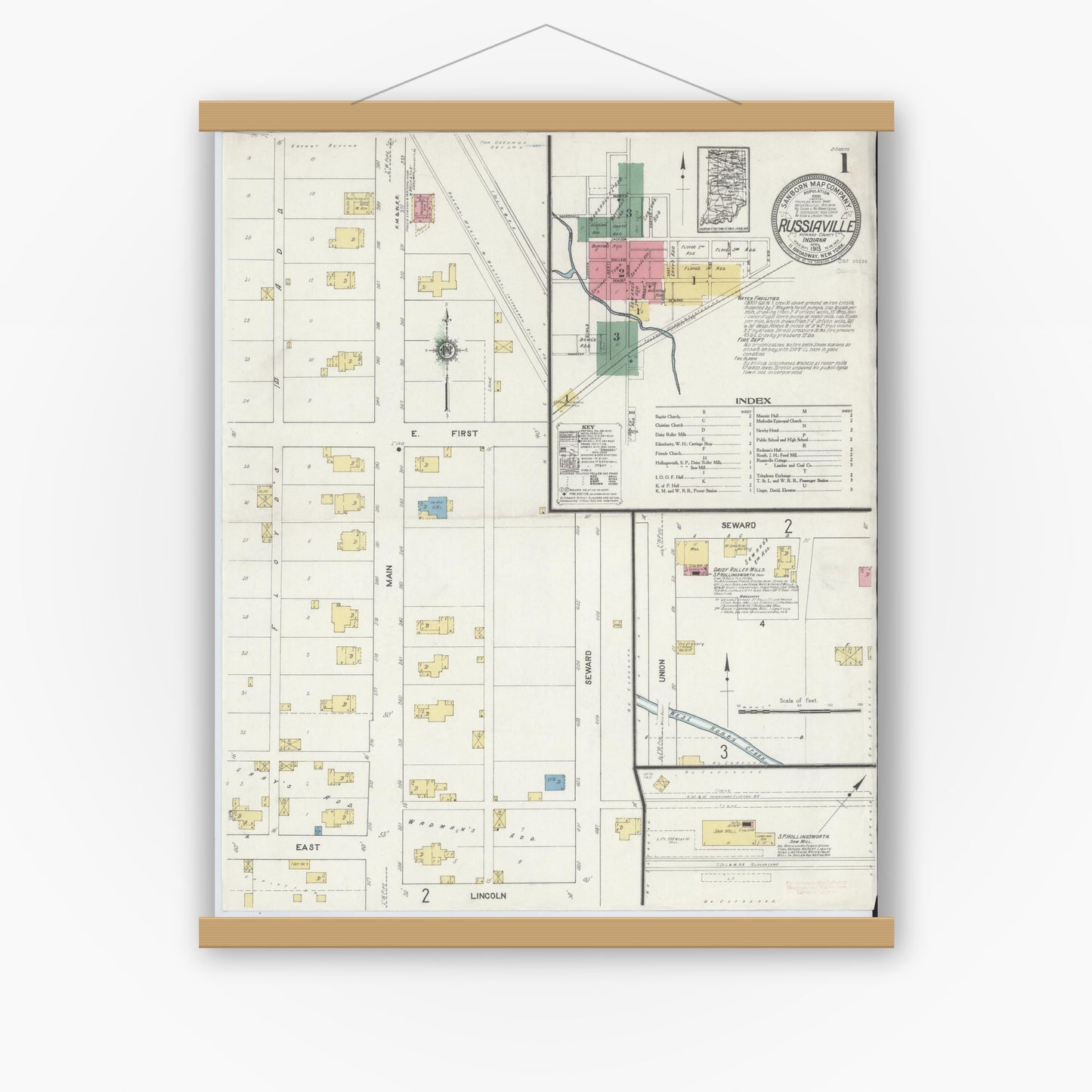 Old map wall art mockup — magnetic wood frame on white wall — Sanborn Fire Insurance Map from Russiaville, Howard County, Indiana (1913) - Complete Map Set