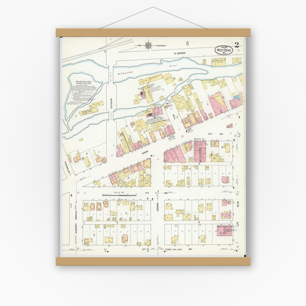Old map wall art mockup — magnetic wood frame on white wall — Sanborn Fire Insurance Map from West Bend, Washington County, Wisconsin (1910), Sheet #0002