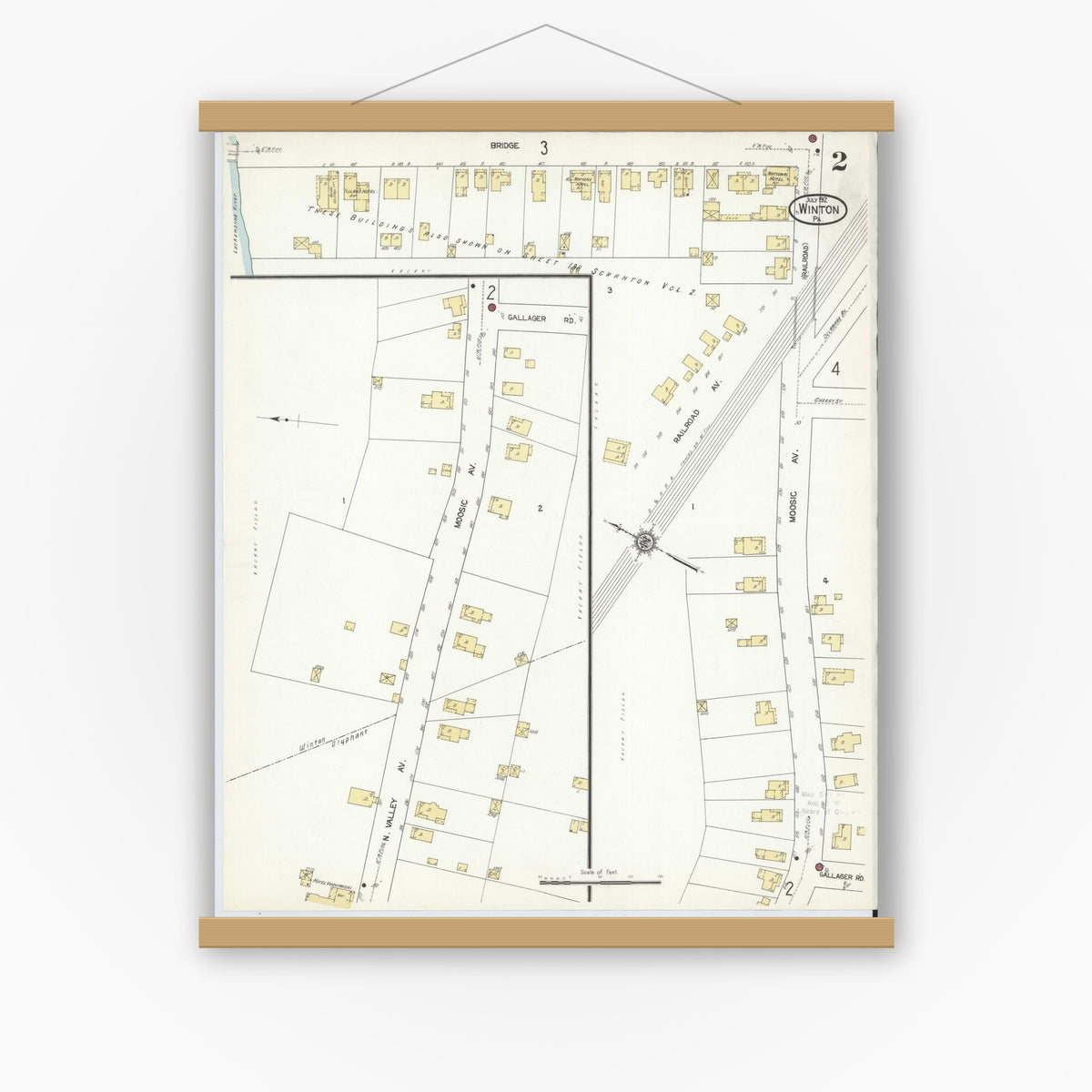 Old map wall art mockup — magnetic wood frame on white wall — Sanborn Fire Insurance Map from Winton, Lackawanna County, Pennsylvania (1912), Sheet #0002