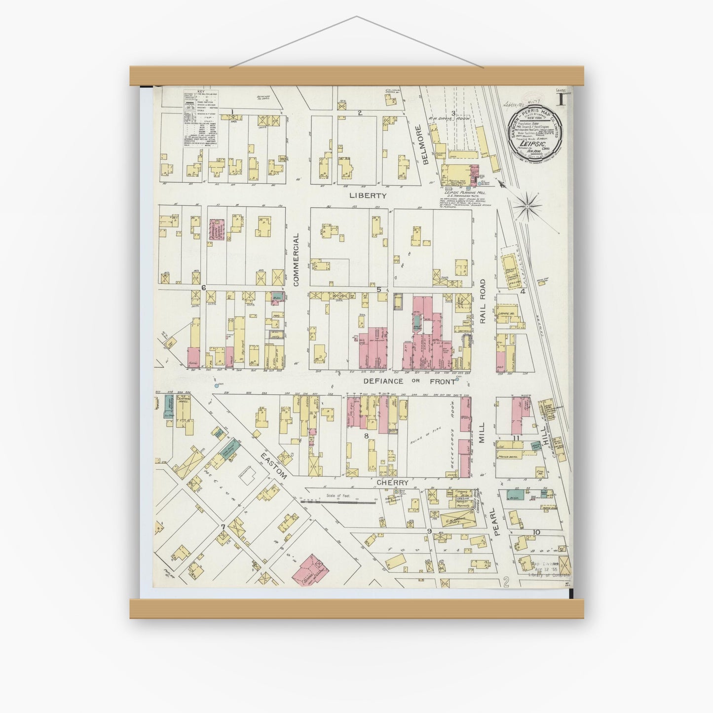 Old map wall art mockup — magnetic wood frame on white wall — Sanborn Fire Insurance Map from Leipsic, Putnam County, Ohio (1893) - Complete Map Set