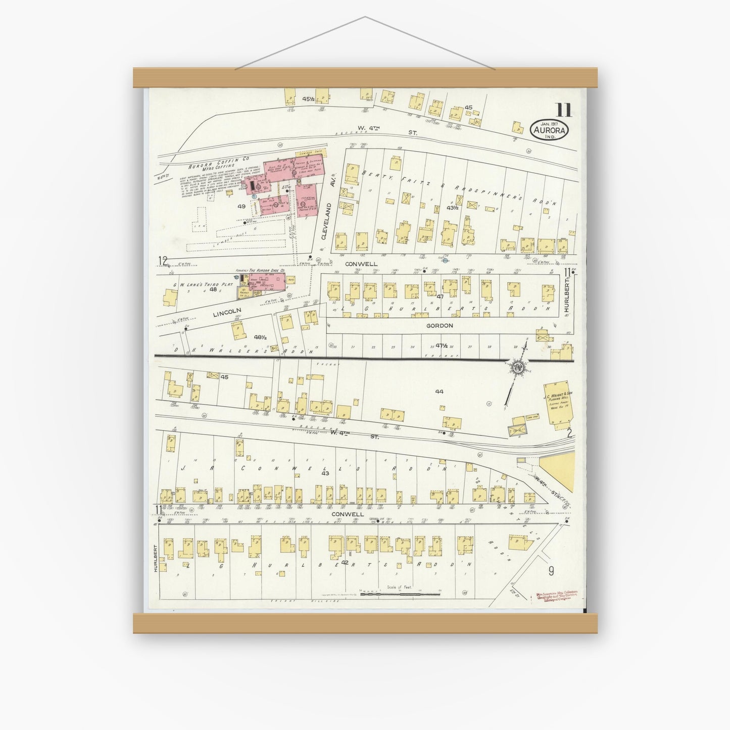 Old map wall art mockup — magnetic wood frame on white wall — Sanborn Fire Insurance Map from Aurora, Dearborn County, Indiana (1917), Sheet #0011