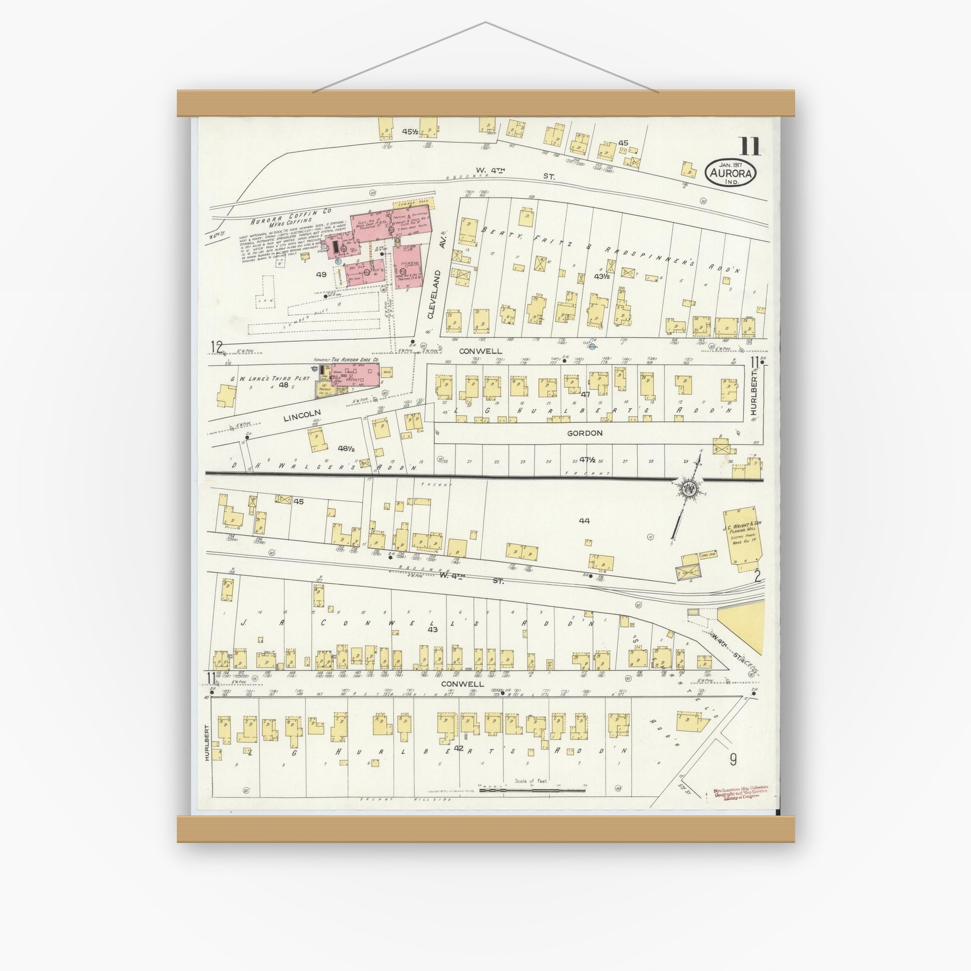 Old map wall art mockup — magnetic wood frame on white wall — Sanborn Fire Insurance Map from Aurora, Dearborn County, Indiana (1917), Sheet #0011