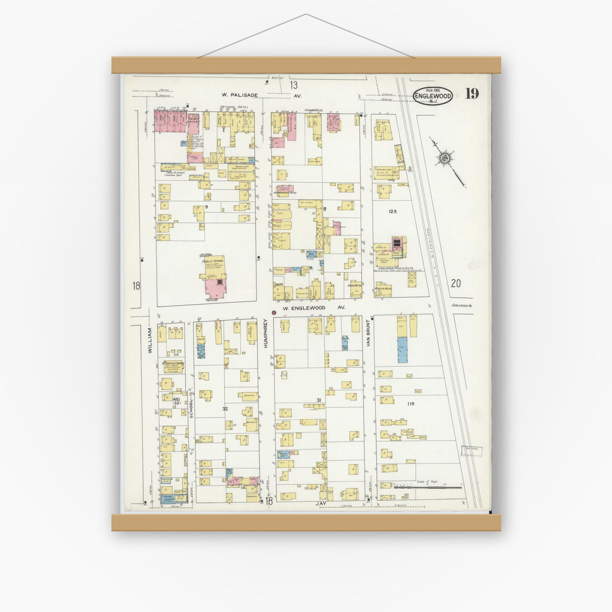 Old map wall art mockup — magnetic wood frame on white wall — Sanborn Fire Insurance Map from Englewood, Bergen County, New Jersey (1915), Sheet #0019