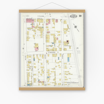 Old map wall art mockup — magnetic wood frame on white wall — Sanborn Fire Insurance Map from Englewood, Bergen County, New Jersey (1915), Sheet #0019