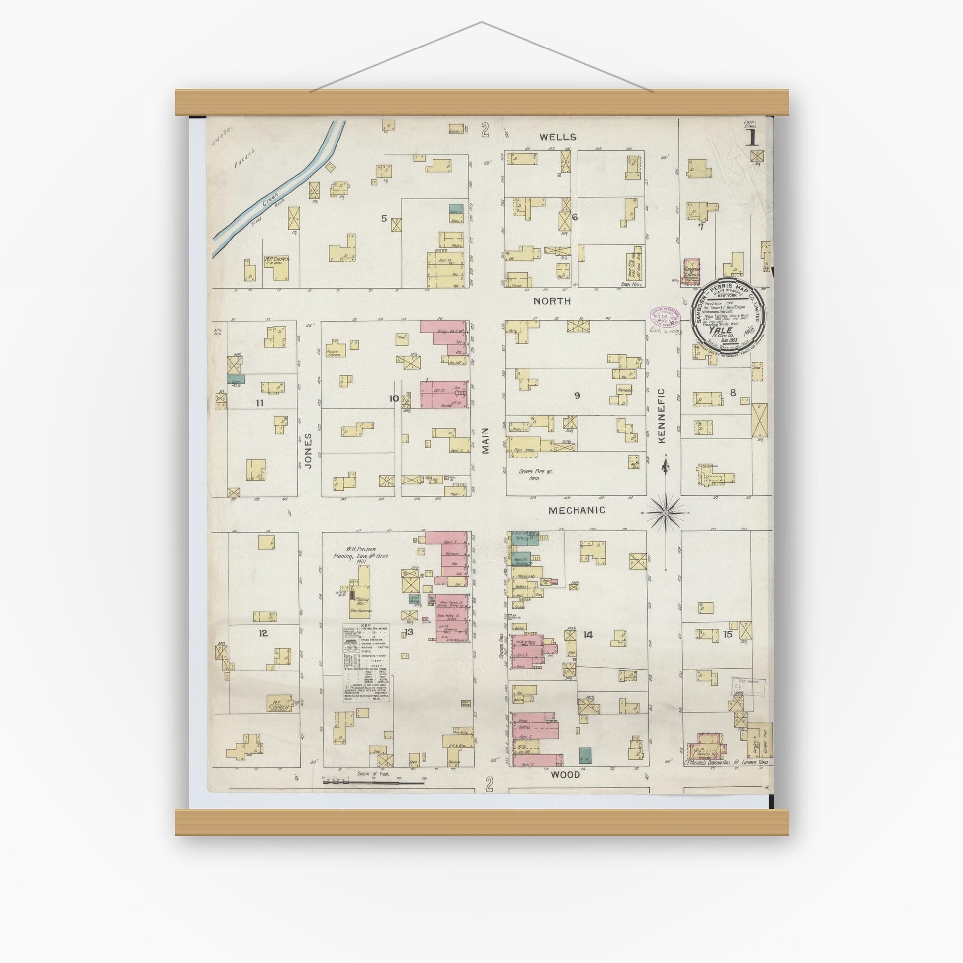 Old map wall art mockup — magnetic wood frame on white wall — Sanborn Fire Insurance Map from Yale, Saint Clair County, Michigan (1893) - Complete Map Set