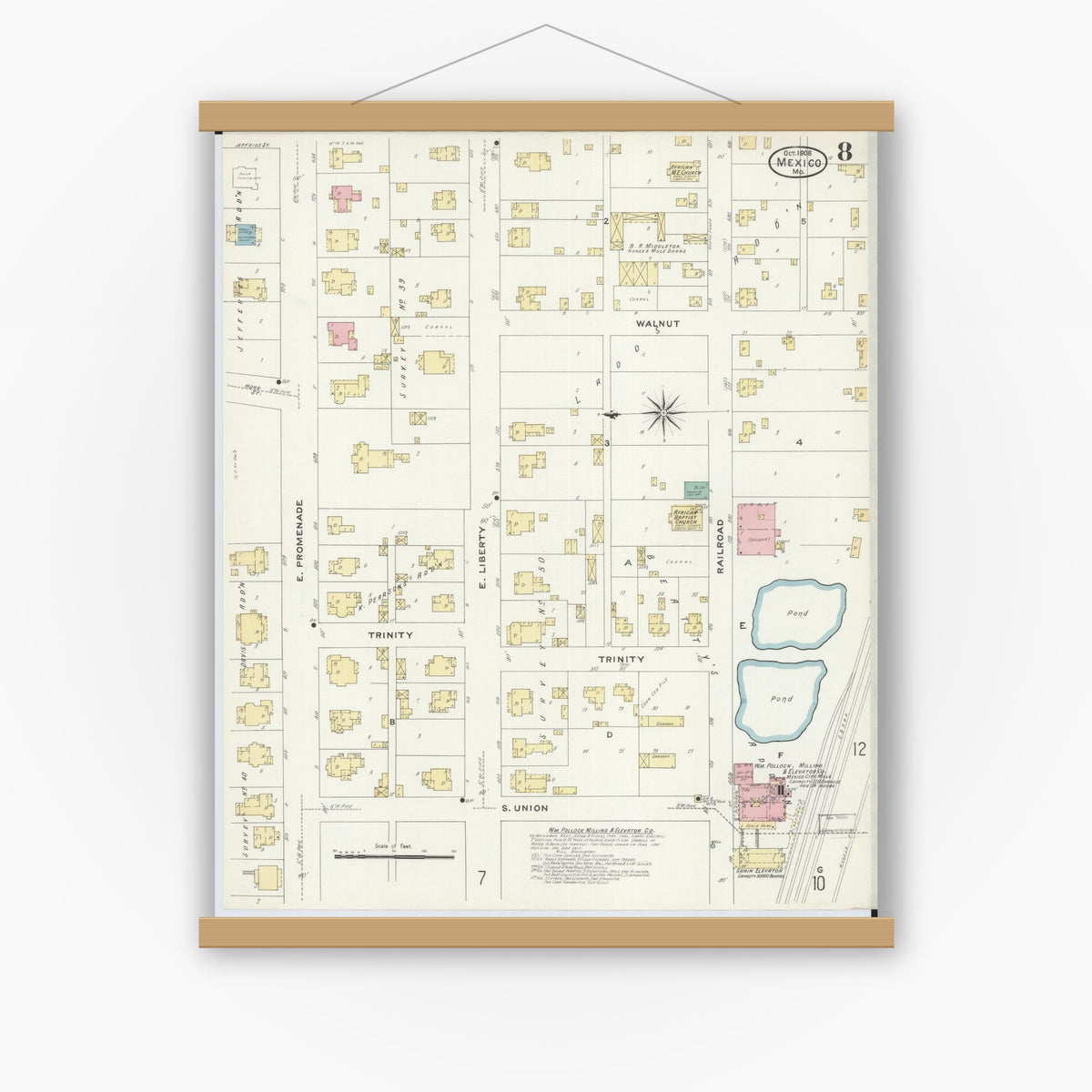 Old map wall art mockup — magnetic wood frame on white wall — Sanborn Fire Insurance Map from Mexico, Audrain County, Missouri (1908), Sheet #0008