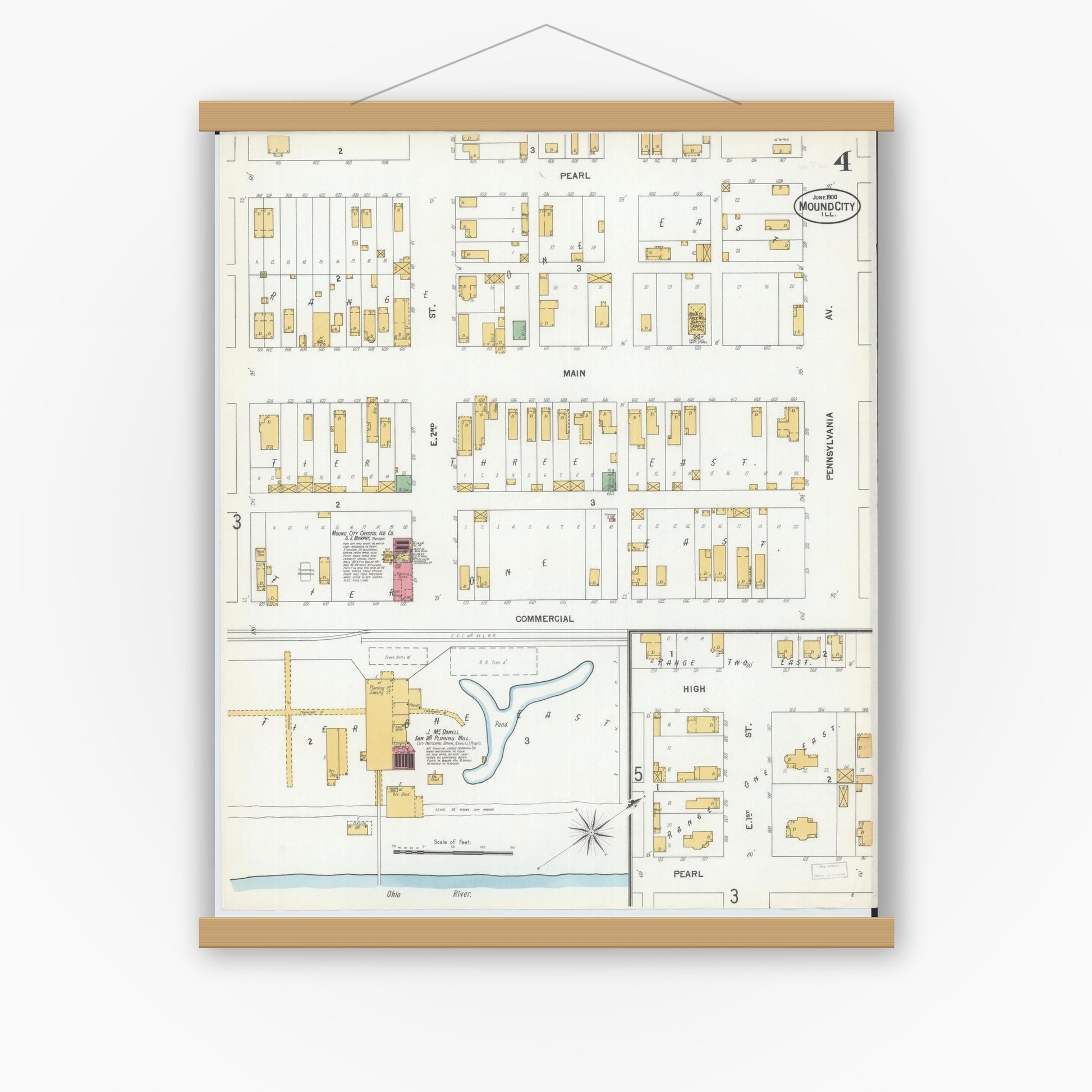 Old map wall art mockup — magnetic wood frame on white wall — Sanborn Fire Insurance Map from Mound City, Pulaski County, Illinois (1900), Sheet #0004