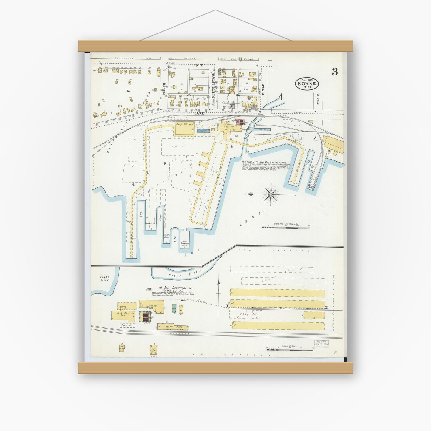 Old map wall art mockup — magnetic wood frame on white wall — Sanborn Fire Insurance Map from Boyne City, Charlevoix County, Michigan (1905), Sheet #0003
