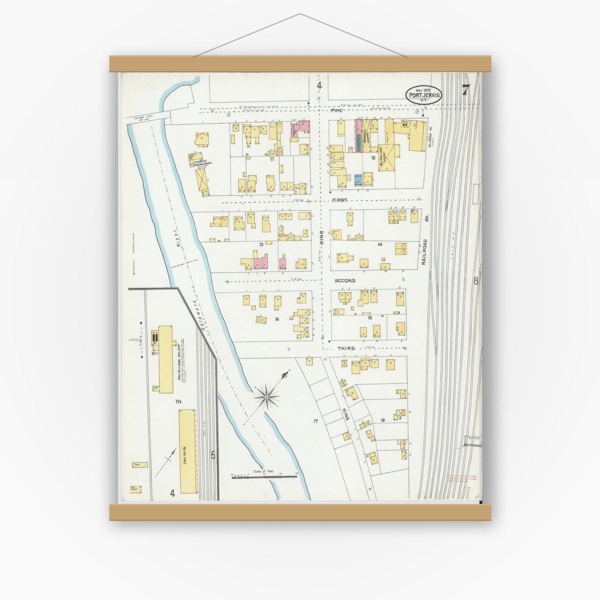 Old map wall art mockup — magnetic wood frame on white wall — Sanborn Fire Insurance Map from Port Jervis, Orange County, New York (1905), Sheet #0007