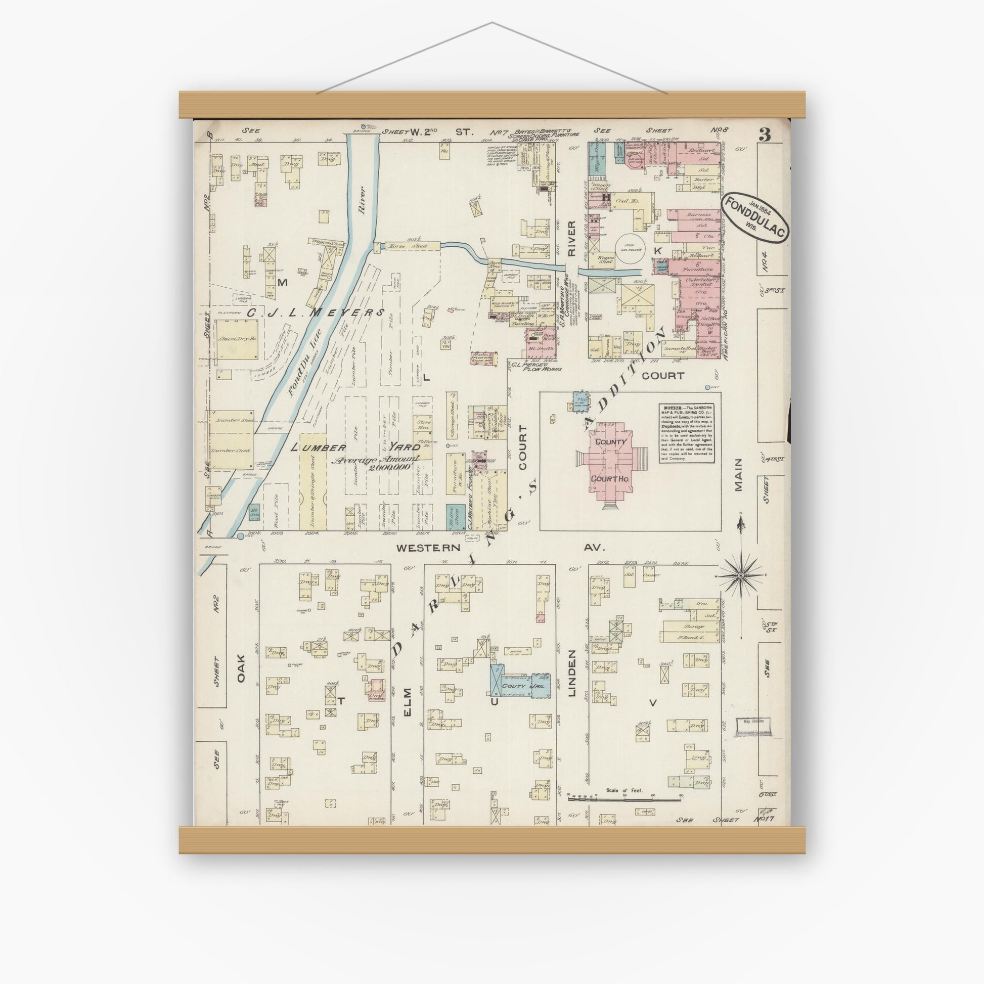 Old map wall art mockup — magnetic wood frame on white wall — Sanborn Fire Insurance Map from Fond du Lac, Fond du Lac County, Wisconsin (1884), Sheet #0003