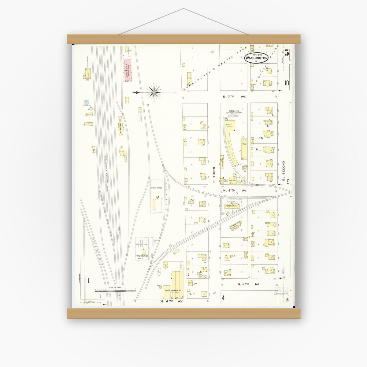 Old map wall art mockup — magnetic wood frame on white wall — Sanborn Fire Insurance Map from Washington, Washington County, Iowa (1909), Sheet #0005