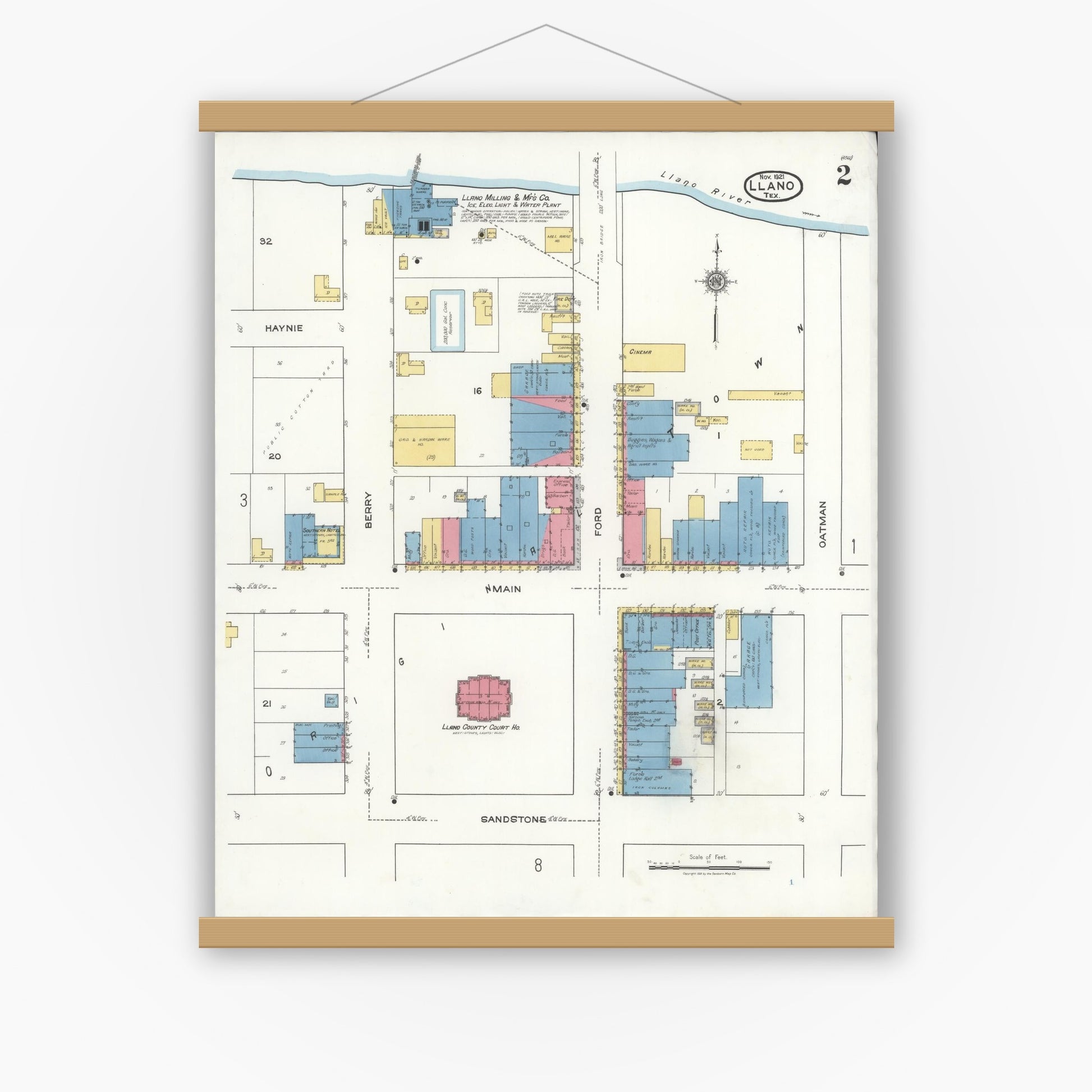 Old map wall art mockup — magnetic wood frame on white wall — Sanborn Fire Insurance Map from Llano, Llano County, Texas (1921), Sheet #0002