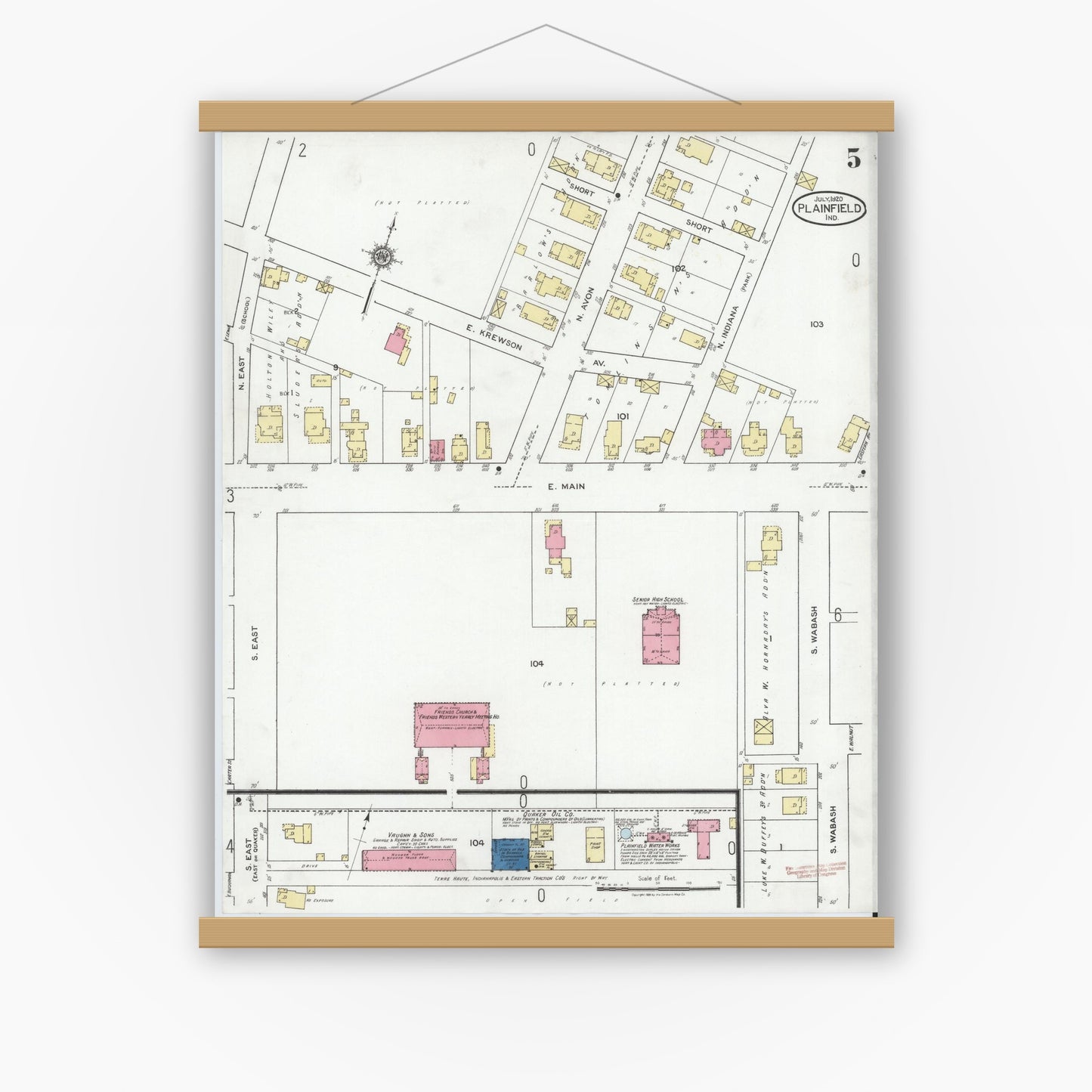 Old map wall art mockup — magnetic wood frame on white wall — Sanborn Fire Insurance Map from Plainfield, Hendricks County, Indiana (1920), Sheet #0005