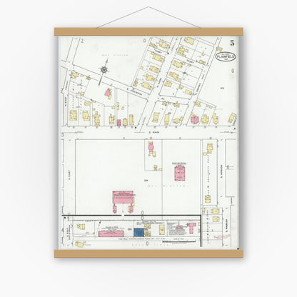 Old map wall art mockup — magnetic wood frame on white wall — Sanborn Fire Insurance Map from Plainfield, Hendricks County, Indiana (1920), Sheet #0005