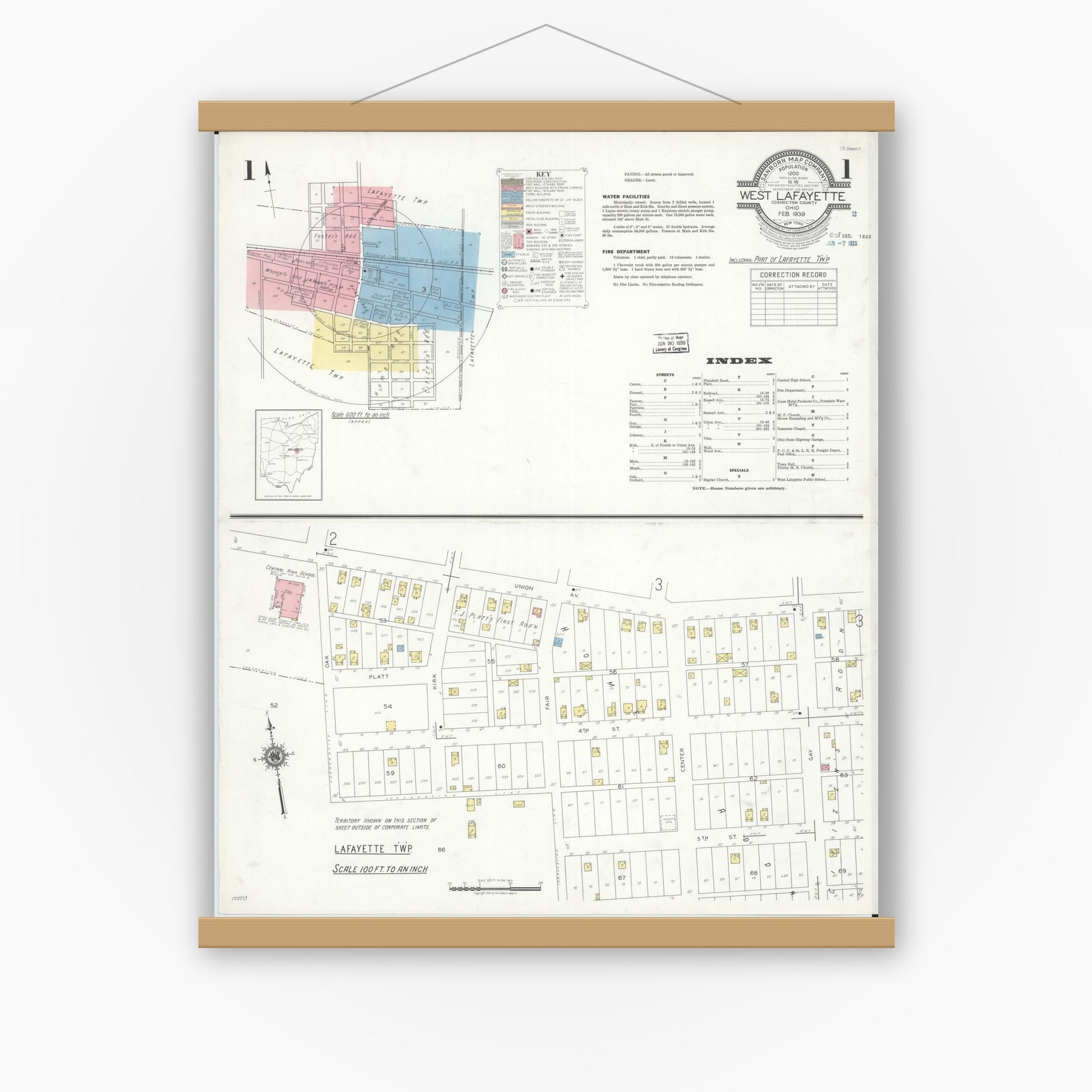 Old map wall art mockup — magnetic wood frame on white wall — Sanborn Fire Insurance Map from West Lafayette, Coshocton County, Ohio (1939) - Complete Map Set