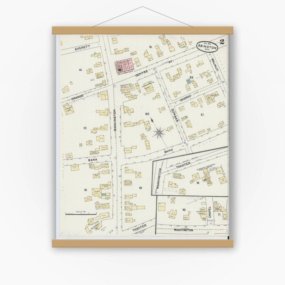 Old map wall art mockup — magnetic wood frame on white wall — Sanborn Fire Insurance Map from Abington, Plymouth County, Massachusetts (1891), Sheet #0002