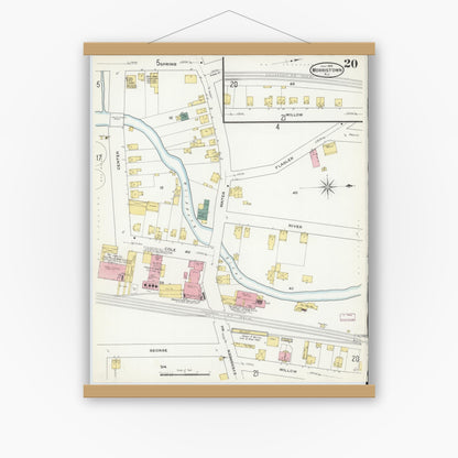 Old map wall art mockup — magnetic wood frame on white wall — Sanborn Fire Insurance Map from Morristown, Morris County, New Jersey (1909), Sheet #0020