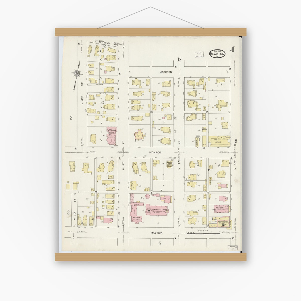 Old map wall art mockup — magnetic wood frame on white wall — Sanborn Fire Insurance Map from Decatur, Adams County, Indiana (1914), Sheet #0004