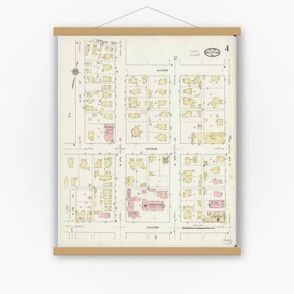 Old map wall art mockup — magnetic wood frame on white wall — Sanborn Fire Insurance Map from Decatur, Adams County, Indiana (1914), Sheet #0004