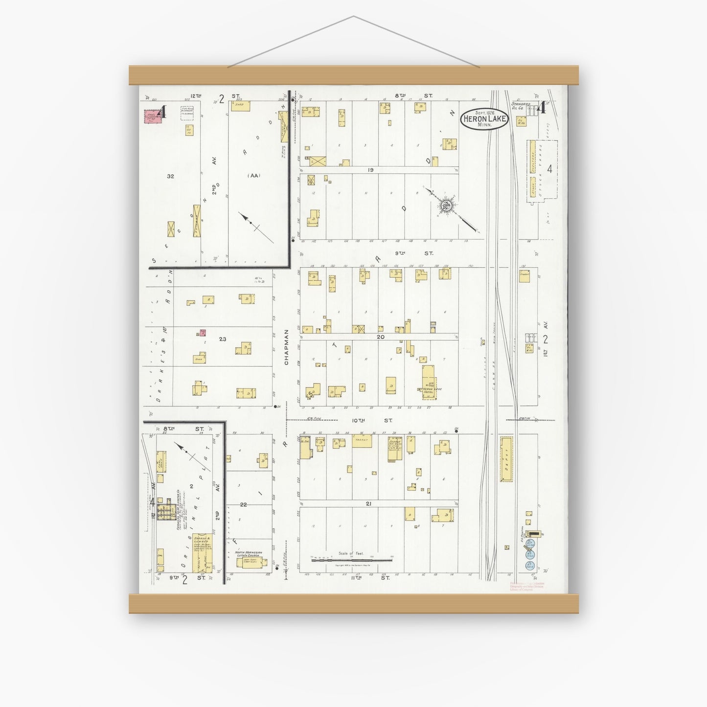 Old map wall art mockup — magnetic wood frame on white wall — Sanborn Fire Insurance Map from Heron Lake, Jackson County, Minnesota (1926), Sheet #0004