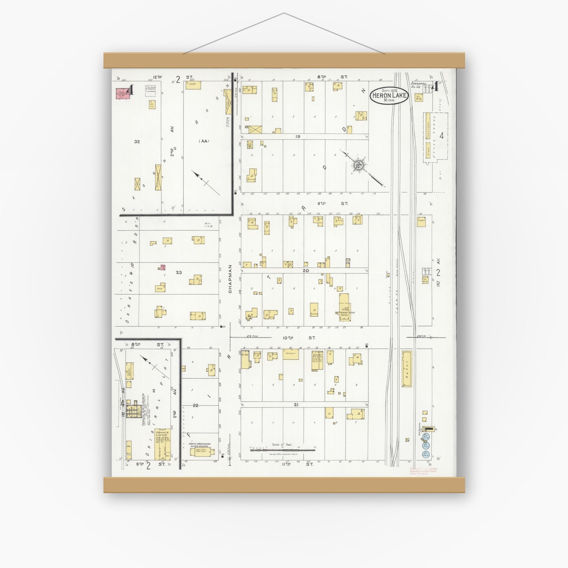 Old map wall art mockup — magnetic wood frame on white wall — Sanborn Fire Insurance Map from Heron Lake, Jackson County, Minnesota (1926), Sheet #0004