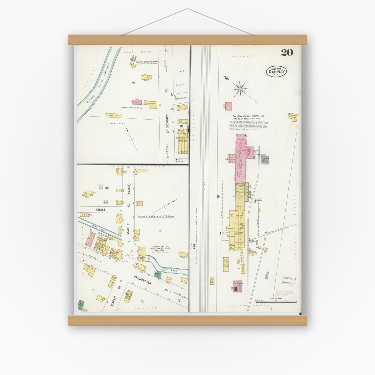 Old map wall art mockup — magnetic wood frame on white wall — Sanborn Fire Insurance Map from Rahway, Union County, New Jersey (1908), Sheet #0020
