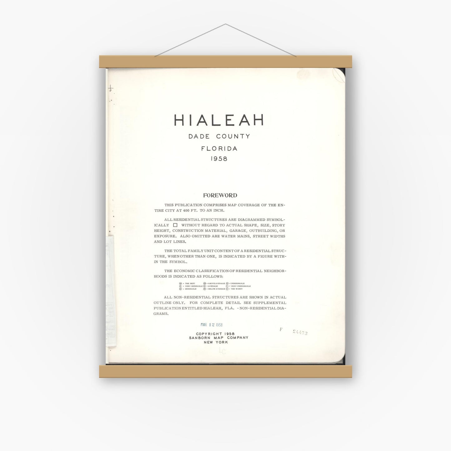 Old map wall art mockup — magnetic wood frame on white wall — Sanborn Fire Insurance Map from Hialeah, Dade County, Florida (1958), Sheet #0001