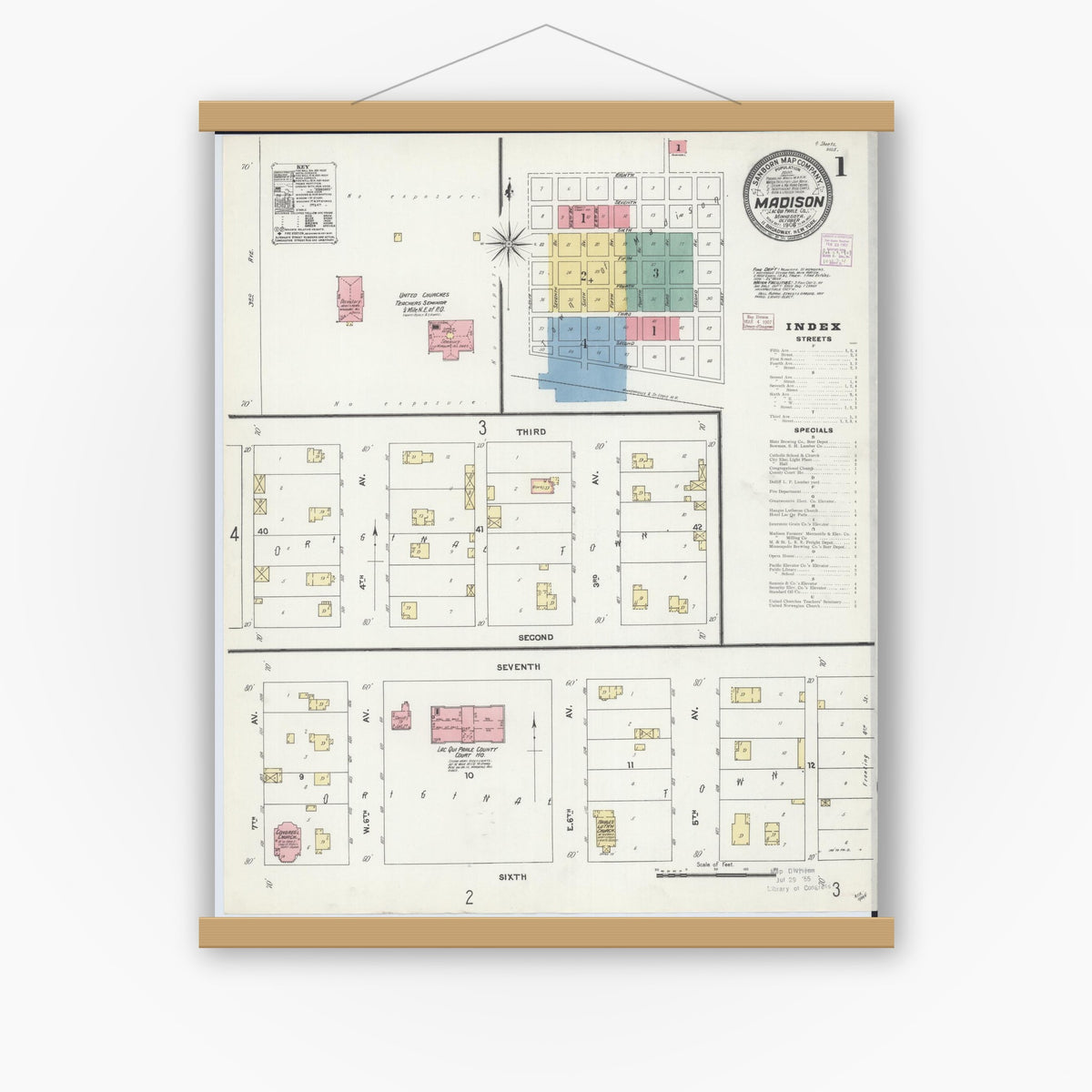 Old map wall art mockup — magnetic wood frame on white wall — Sanborn Fire Insurance Map from Madison, Lac Qui Parle County, Minnesota (1906) - Complete Map Set