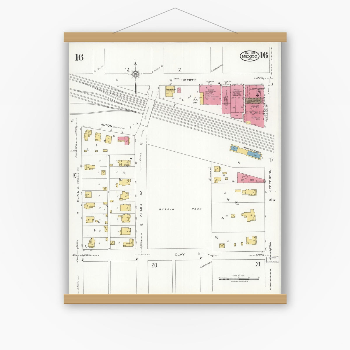 Old map wall art mockup — magnetic wood frame on white wall — Sanborn Fire Insurance Map from Mexico, Audrain County, Missouri (1926), Sheet #0016