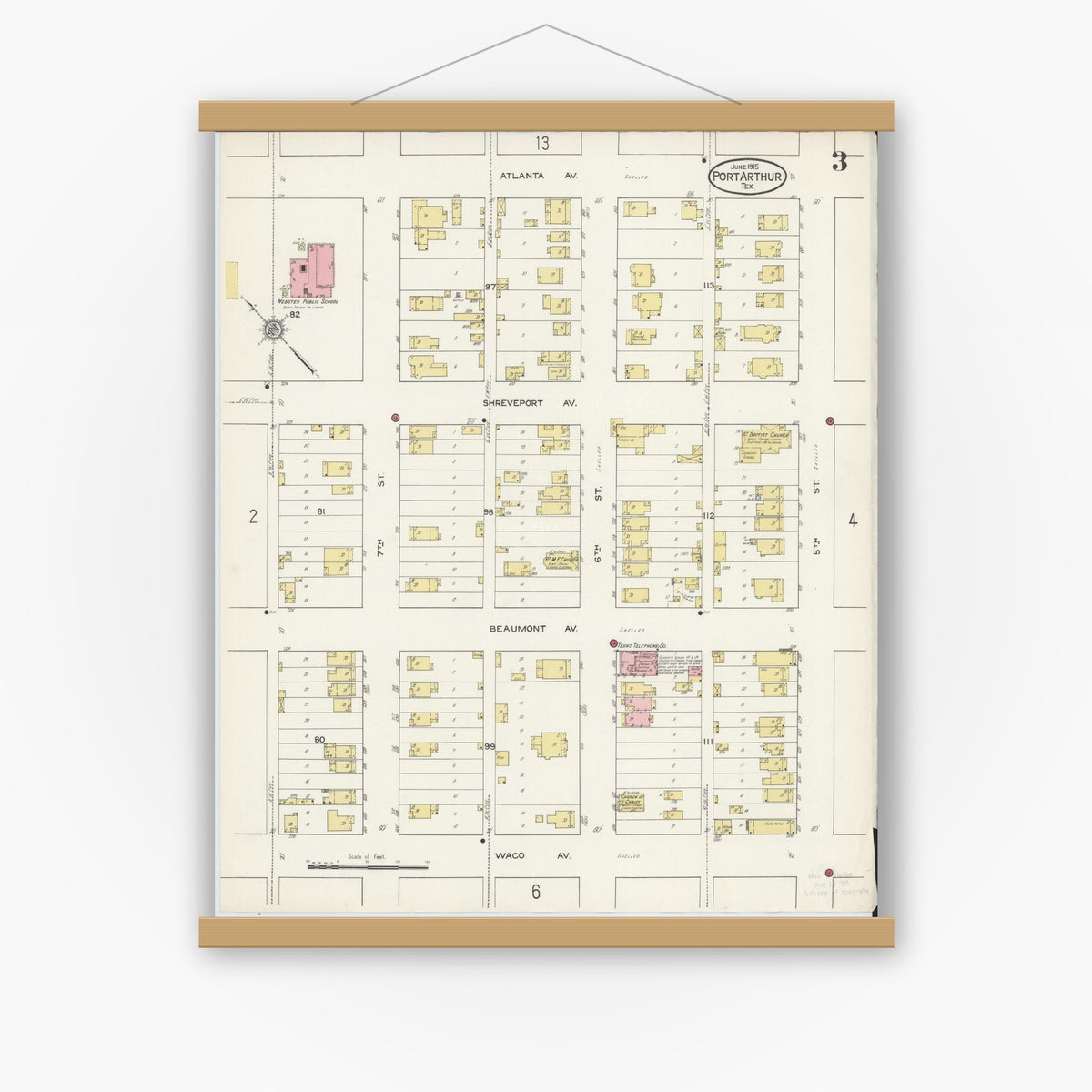 Old map wall art mockup — magnetic wood frame on white wall — Sanborn Fire Insurance Map from Port Arthur, Jefferson County, Texas (1915), Sheet #0003