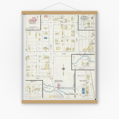 Old map wall art mockup — magnetic wood frame on white wall — Sanborn Fire Insurance Map from Bellaire, Antrim County, Michigan (1920), Sheet #0002