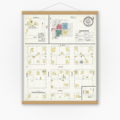 Old map wall art mockup — magnetic wood frame on white wall — Sanborn Fire Insurance Map from Troup, Smith County, Texas (1909) - Complete Map Set