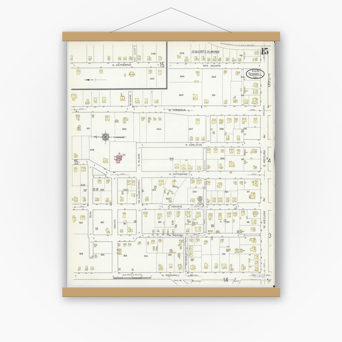 Old map wall art mockup — magnetic wood frame on white wall — Sanborn Fire Insurance Map from Terrell, Kaufman County, Texas (1914), Sheet #0015