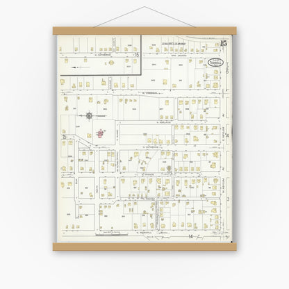 Old map wall art mockup — magnetic wood frame on white wall — Sanborn Fire Insurance Map from Terrell, Kaufman County, Texas (1914), Sheet #0015