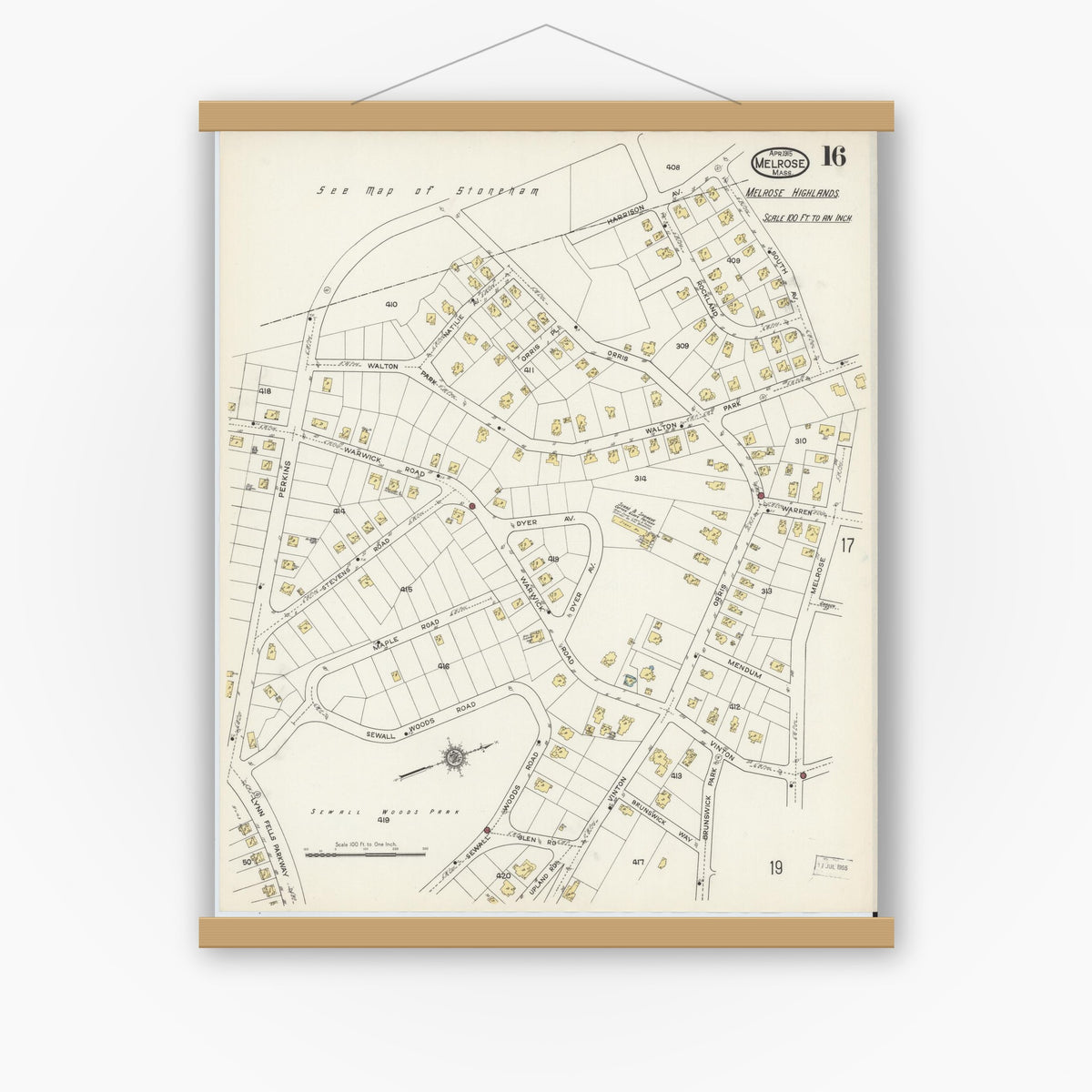 Old map wall art mockup — magnetic wood frame on white wall — Sanborn Fire Insurance Map from Melrose, Middlesex County, Massachusetts (1915), Sheet #0016
