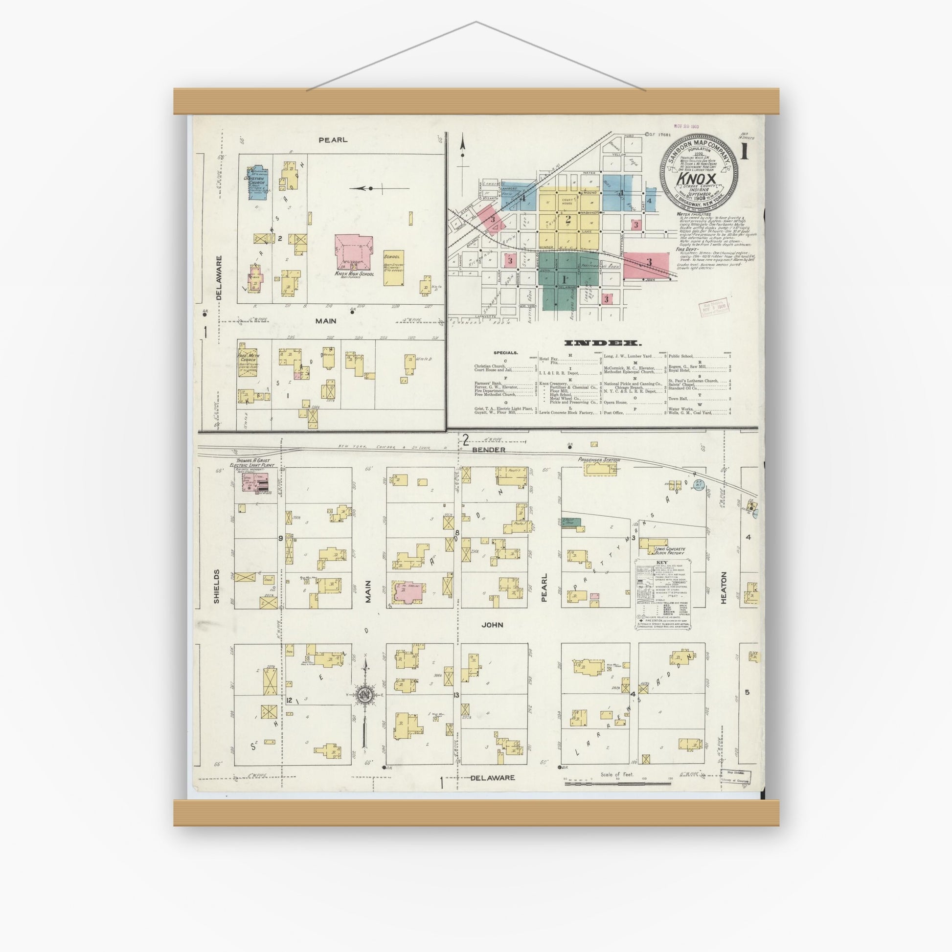 Old map wall art mockup — magnetic wood frame on white wall — Sanborn Fire Insurance Map from Knox, Starke County, Indiana (1909) - Complete Map Set